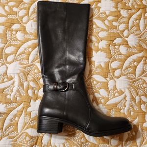 Black leather knee high boots